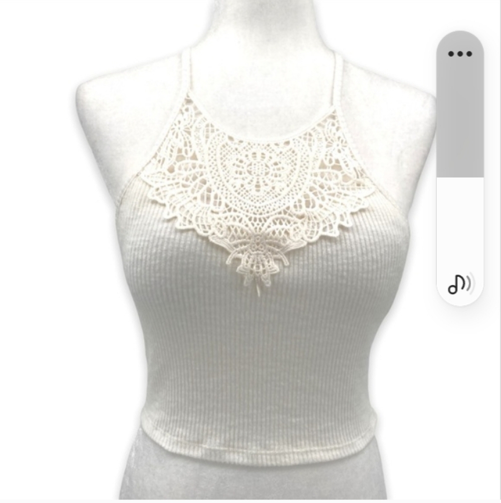 SO Pretty Little Layers Ribbed Crocheted High Neck White Halter Neck Tank Top, L